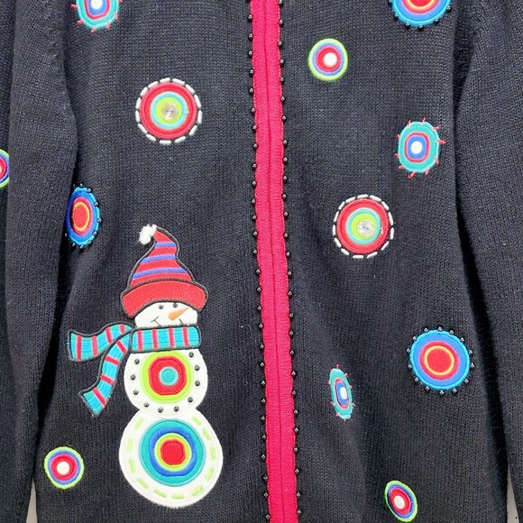 Timberlea Christmas Snowman Cardigan XL Black Sweater Ramie Colorful Embroidery - Picture 5 of 12